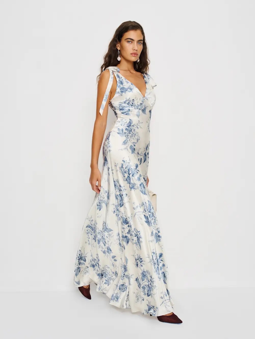 Reformation Cream Maxi Dress with Blue Floral Print